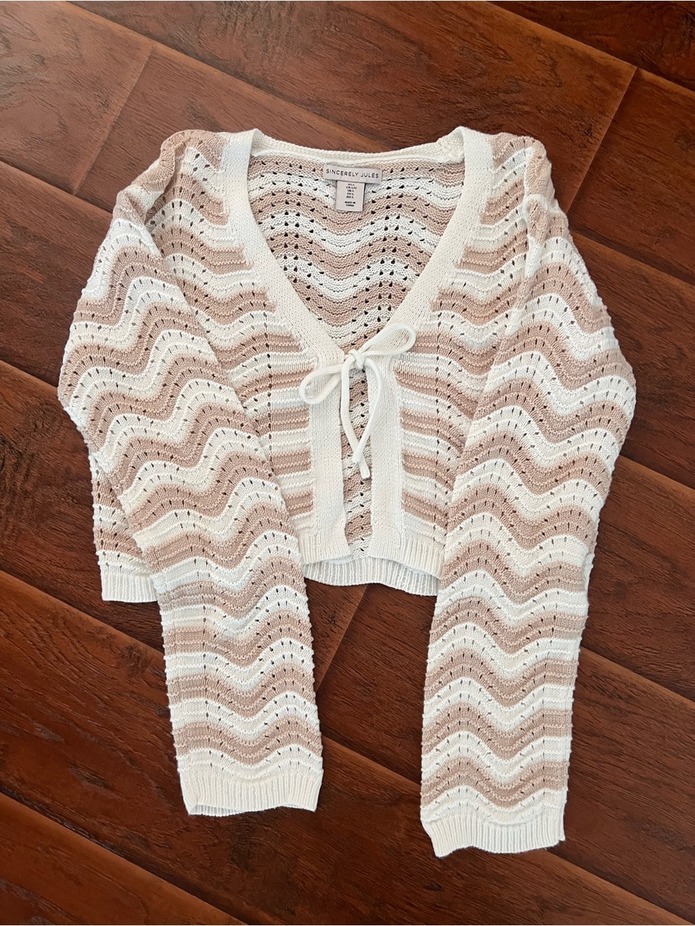Sincerly Jules Cream and Tan Open-Knit Tie-Front Cardigan